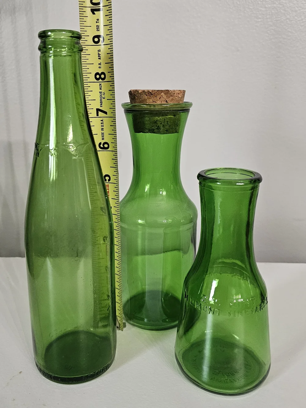 Green Glass Bottle Lot of 3 - 1976 Bicentennial 7-Up, M. LaMont Cruet, Carafe